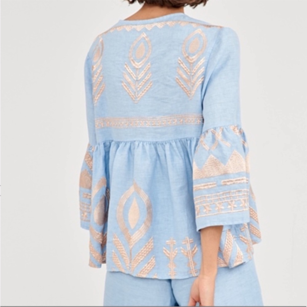 Greek Archaic Kori 100% Linen Top blue gold - Picture 4 of 10
